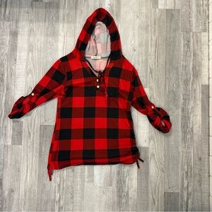 Cyanstyle Women’s Med Tartan Side Button  Sleeves Loose Pullover Tunic Hoodie